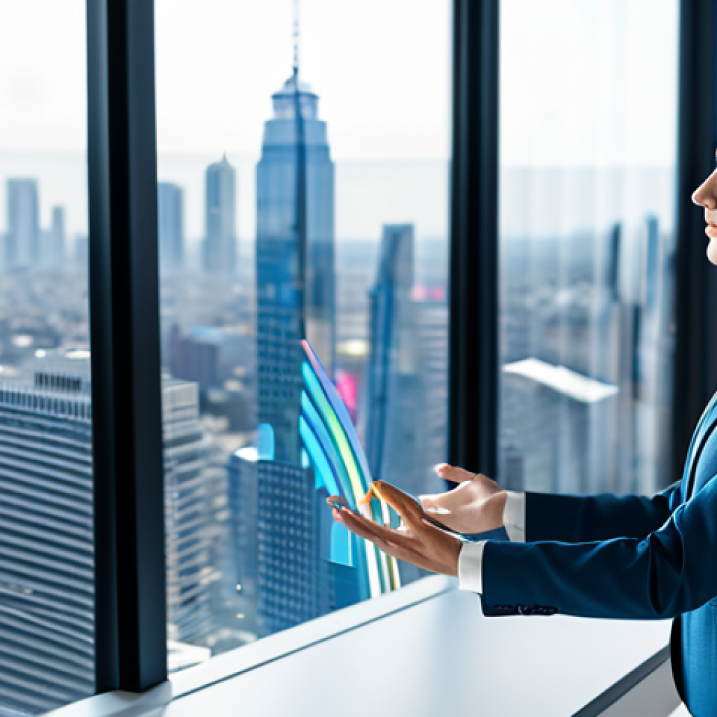 A highly professional female real estate agent, dressed in a sharp, modest business suit, stands confidently in a contemporary office. She is actively interacting with a large, transparent holographic display that projects intricate AI-powered market analysis visualizations, showcasing real estate trends, charts, and predictive models. The background features a panoramic city skyline visible through large windows, emphasizing a high-tech and forward-looking environment. The scene is captured with professional studio photography, utilizing high resolution, soft cinematic lighting, and a shallow depth of field.