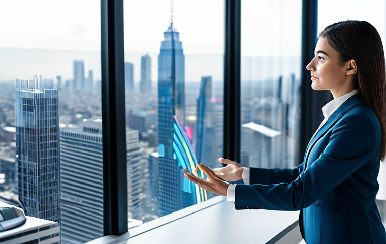 A highly professional female real estate agent, dressed in a sharp, modest business suit, stands confidently in a contemporary office. She is actively interacting with a large, transparent holographic display that projects intricate AI-powered market analysis visualizations, showcasing real estate trends, charts, and predictive models. The background features a panoramic city skyline visible through large windows, emphasizing a high-tech and forward-looking environment. The scene is captured with professional studio photography, utilizing high resolution, soft cinematic lighting, and a shallow depth of field.