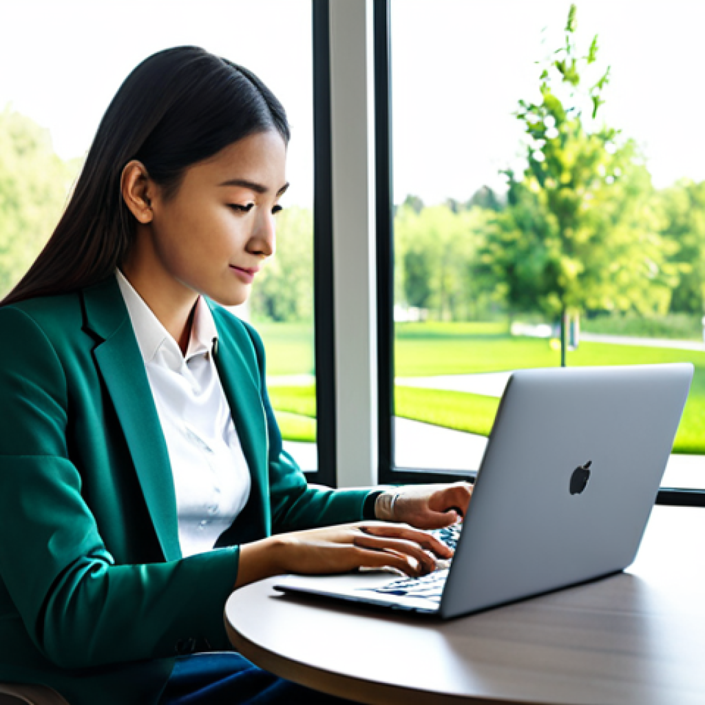 A professional young woman, fully clothed in modest business casual attire, is working diligently on her laptop in a bright, modern home office. Large windows behind her offer a serene view of a lush, green community park where children are safely playing. The office features minimalist decor and a discrete smart home control panel on the wall, subtly indicating advanced technology. This image captures the essence of a balanced, high-quality urban lifestyle, safe for work, appropriate content, fully clothed, professional, perfect anatomy, natural pose, correct proportions, well-formed hands, proper finger count, high-quality photography.