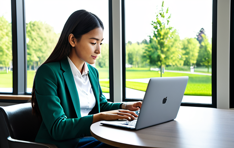 A professional young woman, fully clothed in modest business casual attire, is working diligently on her laptop in a bright, modern home office. Large windows behind her offer a serene view of a lush, green community park where children are safely playing. The office features minimalist decor and a discrete smart home control panel on the wall, subtly indicating advanced technology. This image captures the essence of a balanced, high-quality urban lifestyle, safe for work, appropriate content, fully clothed, professional, perfect anatomy, natural pose, correct proportions, well-formed hands, proper finger count, high-quality photography.