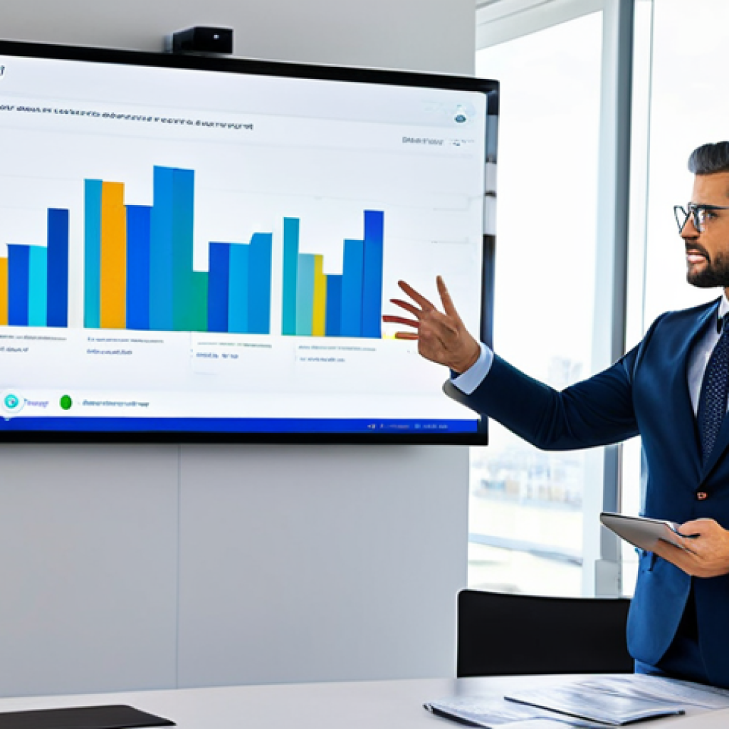 A professional real estate consultant, a man, wearing a sharp, modest business suit, standing in a sleek, modern office. He is gesturing towards a large, interactive screen displaying advanced real estate market analytics, data visualizations, and projected property value trends. On a desk beside him is a tablet with more detailed information. The setting emphasizes technology integration and data-driven insights. Bright, clean lighting, professional photography, high resolution, detailed, realistic. fully clothed, appropriate attire, professional dress, safe for work, appropriate content, professional, perfect anatomy, correct proportions, natural pose, well-formed hands, proper finger count, natural body proportions.