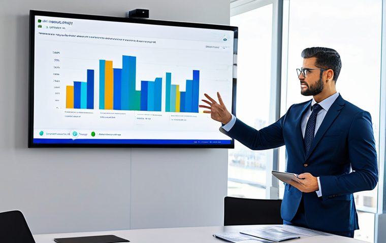 A professional real estate consultant, a man, wearing a sharp, modest business suit, standing in a sleek, modern office. He is gesturing towards a large, interactive screen displaying advanced real estate market analytics, data visualizations, and projected property value trends. On a desk beside him is a tablet with more detailed information. The setting emphasizes technology integration and data-driven insights. Bright, clean lighting, professional photography, high resolution, detailed, realistic. fully clothed, appropriate attire, professional dress, safe for work, appropriate content, professional, perfect anatomy, correct proportions, natural pose, well-formed hands, proper finger count, natural body proportions.