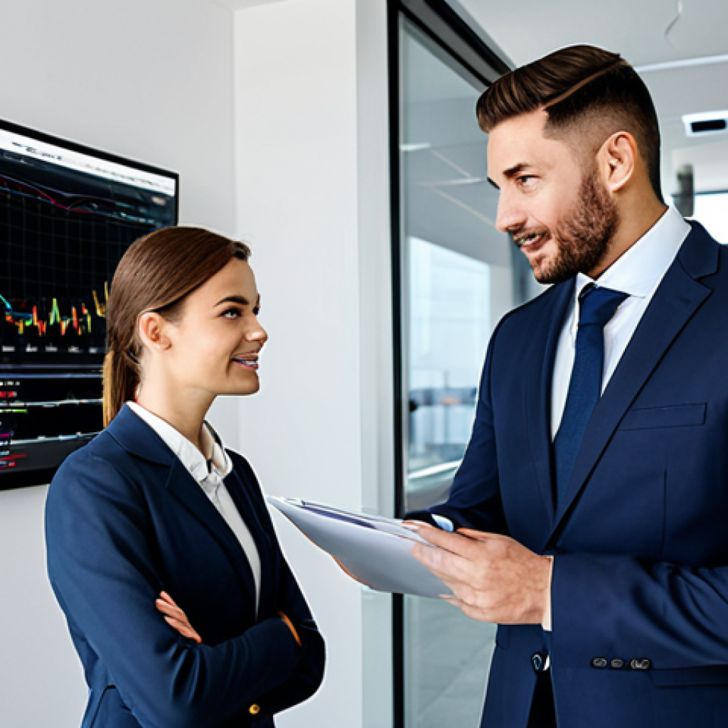 **
A professional real estate agent in a modern, well-lit office, wearing a modest business suit, advising a young couple. The background includes market analysis charts on a digital display. The scene conveys trust and expertise. Fully clothed, appropriate attire, safe for work, perfect anatomy, natural proportions, professional photography, high quality, family-friendly.
**