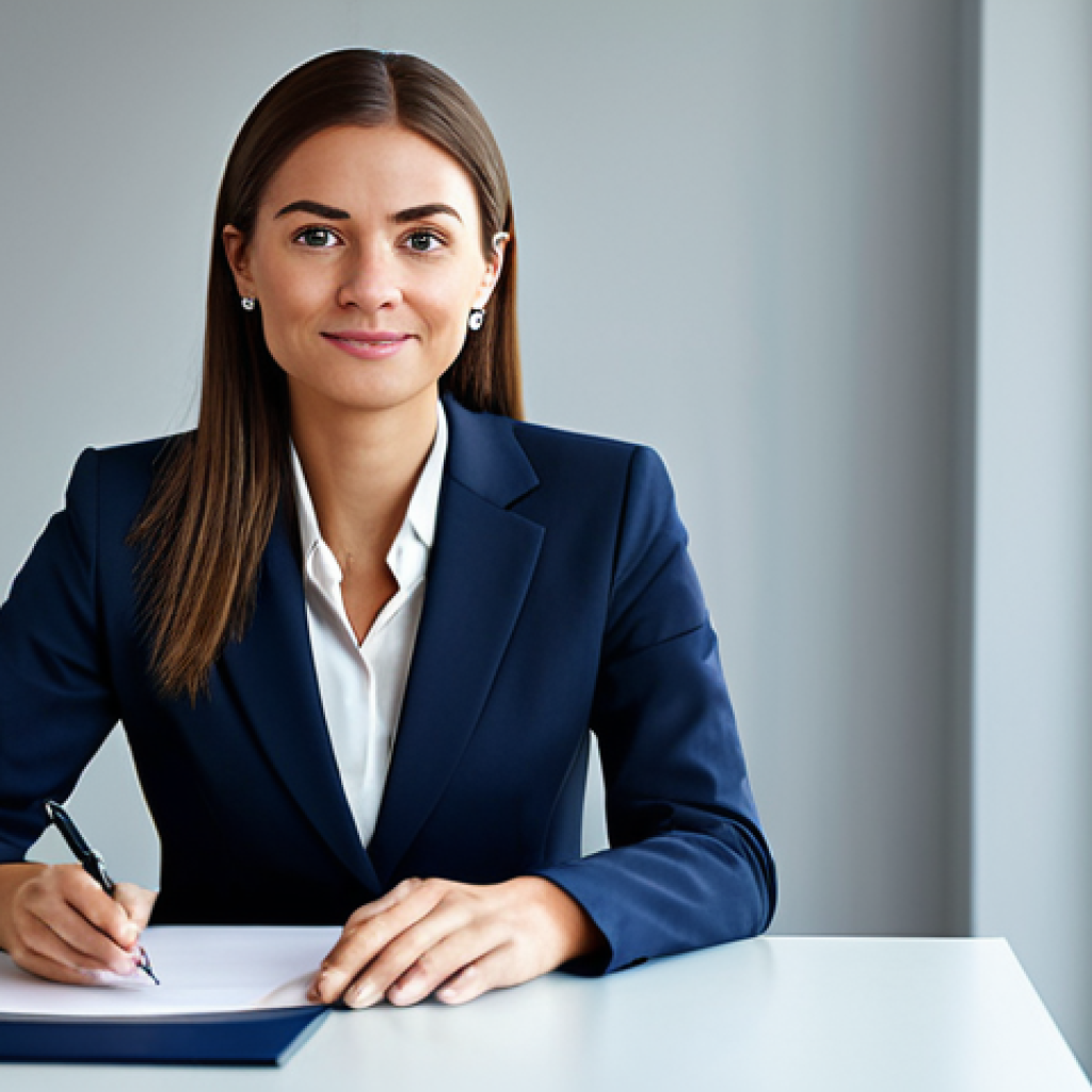 ** A professional businesswoman in a modest business suit sitting at a modern office desk, fully clothed, appropriate attire, safe for work, perfect anatomy, natural proportions, professional photography, high quality, family-friendly.

**