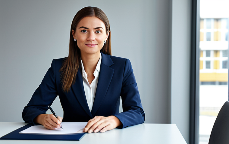 ** A professional businesswoman in a modest business suit sitting at a modern office desk, fully clothed, appropriate attire, safe for work, perfect anatomy, natural proportions, professional photography, high quality, family-friendly.

**