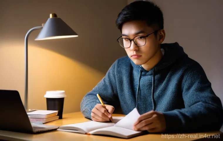 공인중개사 시험 응시자 평균 점수 분석 - **Prompt:** A young adult, of East Asian descent, sits focused at a well-lit desk, surrounded by ope...