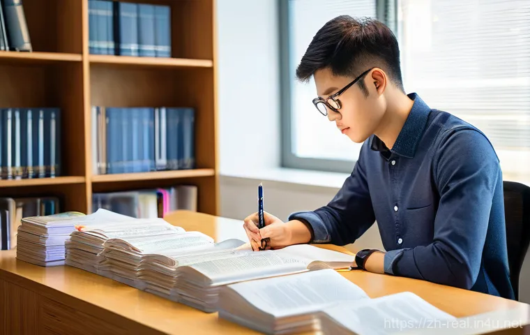 공인중개사 시험 과목별 기출문제 분석 - **Prompt:** A focused East Asian male student, appearing to be in his late 20s, dressed in smart cas...