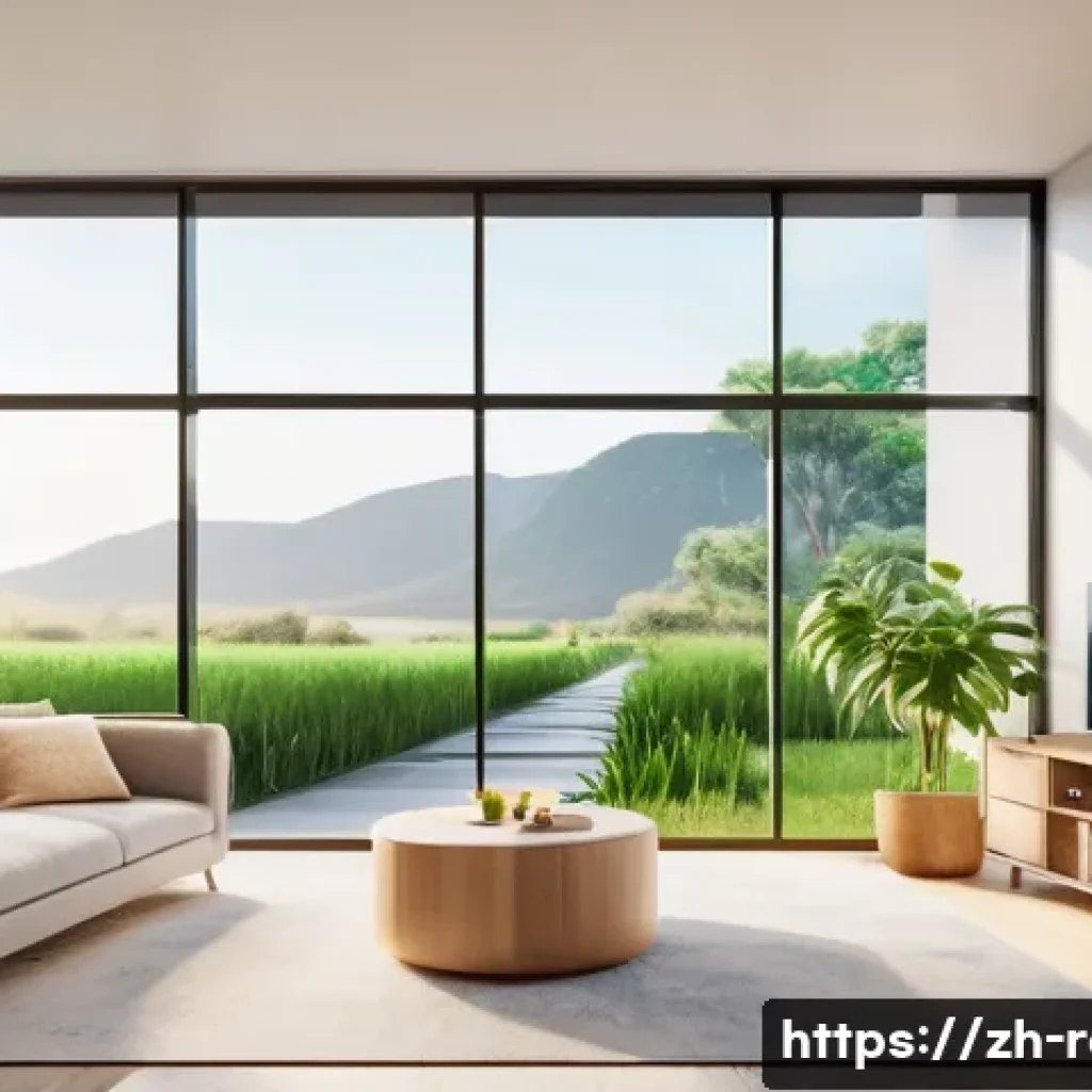 공인중개사 필수 용어 사전 - A vibrant, realistic illustration of a modern, eco-friendly smart home interior. A young family, inc...