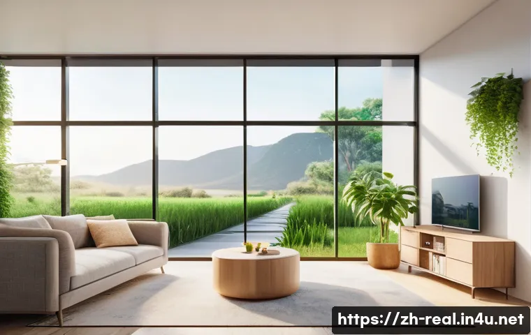 공인중개사 필수 용어 사전 - A vibrant, realistic illustration of a modern, eco-friendly smart home interior. A young family, inc...