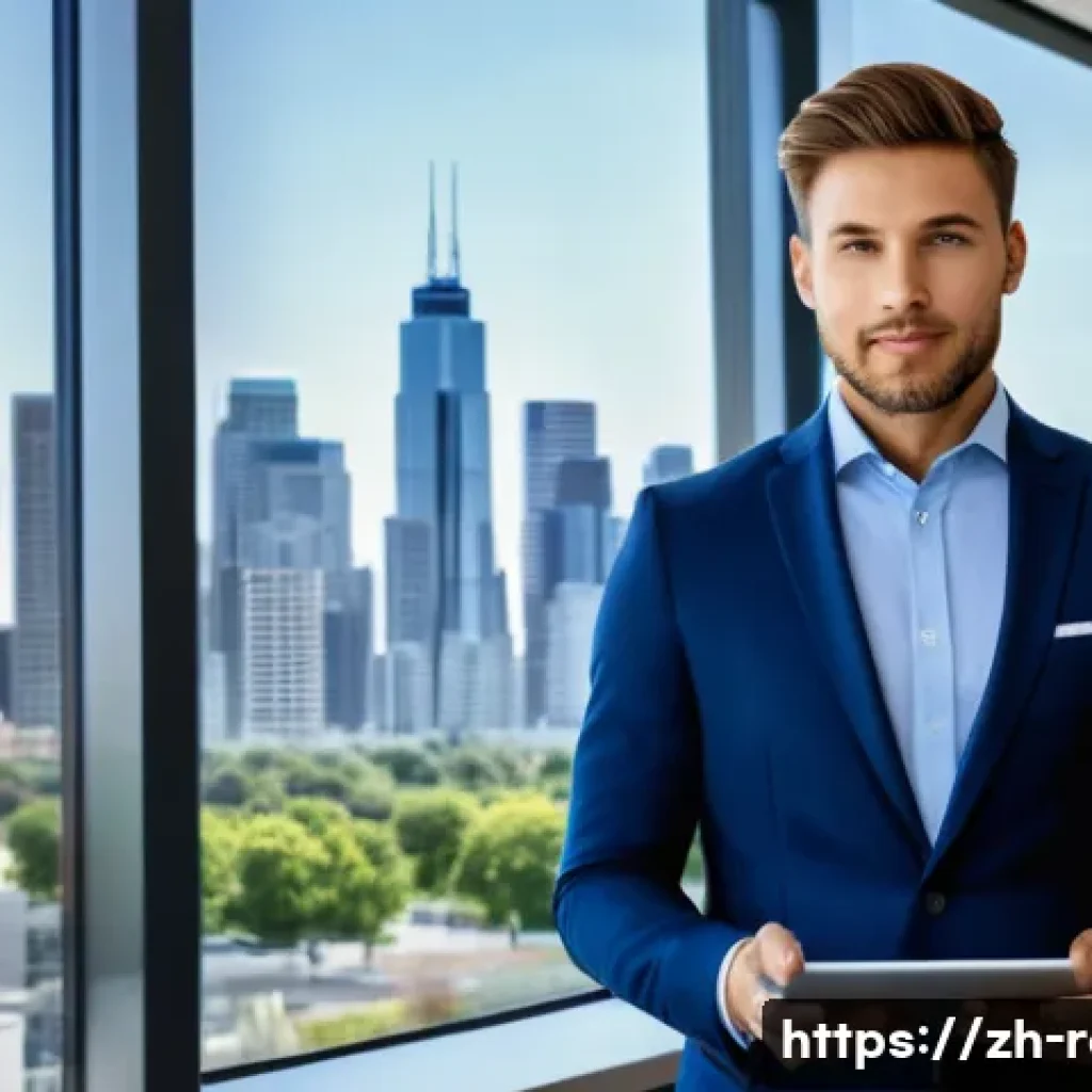 공인중개사 자격증의 취득 후 시장에서의 활용성 - A professional real estate agent in a modern office setting, wearing business attire and a visible c...