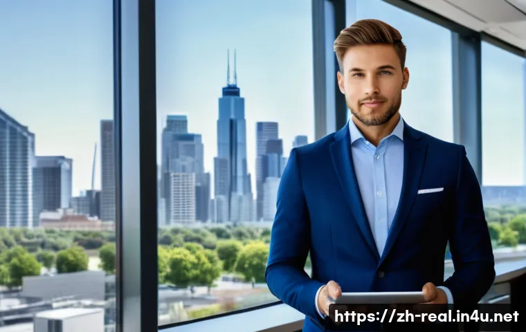 공인중개사 자격증의 취득 후 시장에서의 활용성 - A professional real estate agent in a modern office setting, wearing business attire and a visible c...