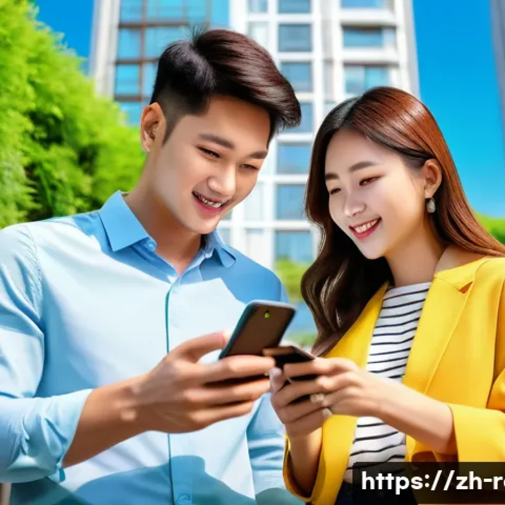 공인중개사 부동산 광고 사례 분석 - A vibrant urban real estate promotional scene showcasing a young professional couple browsing proper...