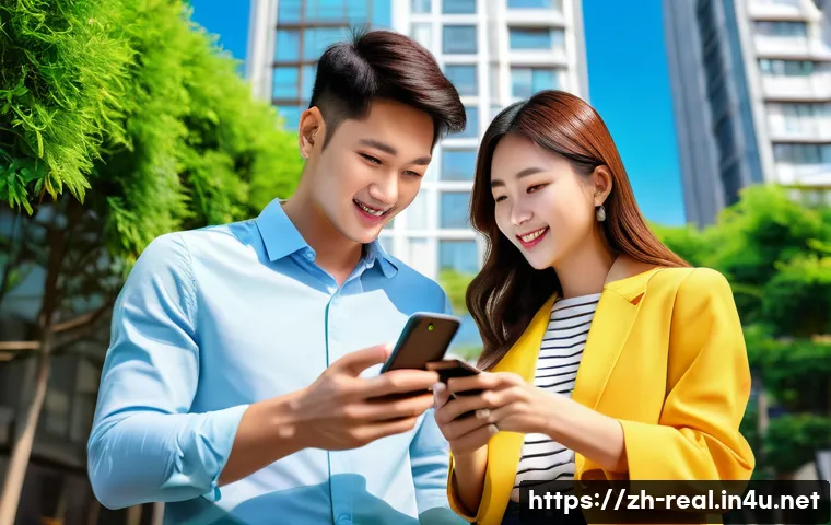 공인중개사 부동산 광고 사례 분석 - A vibrant urban real estate promotional scene showcasing a young professional couple browsing proper...