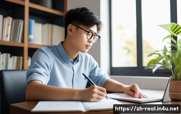 공인중개사 시험 준비의 효율적인 방법 - A modern study room scene featuring a young Chinese student in casual clothing and glasses, sitting ...