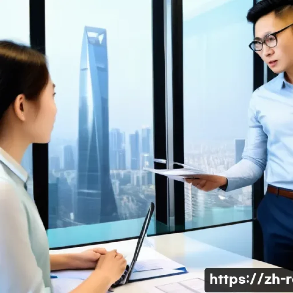 공인중개사와 부동산 관련 정책 이해 - A modern real estate office scene in a Chinese city, showing a professional notary agent explaining ...