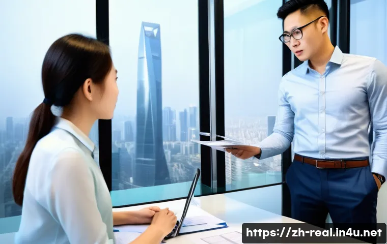 공인중개사와 부동산 관련 정책 이해 - A modern real estate office scene in a Chinese city, showing a professional notary agent explaining ...