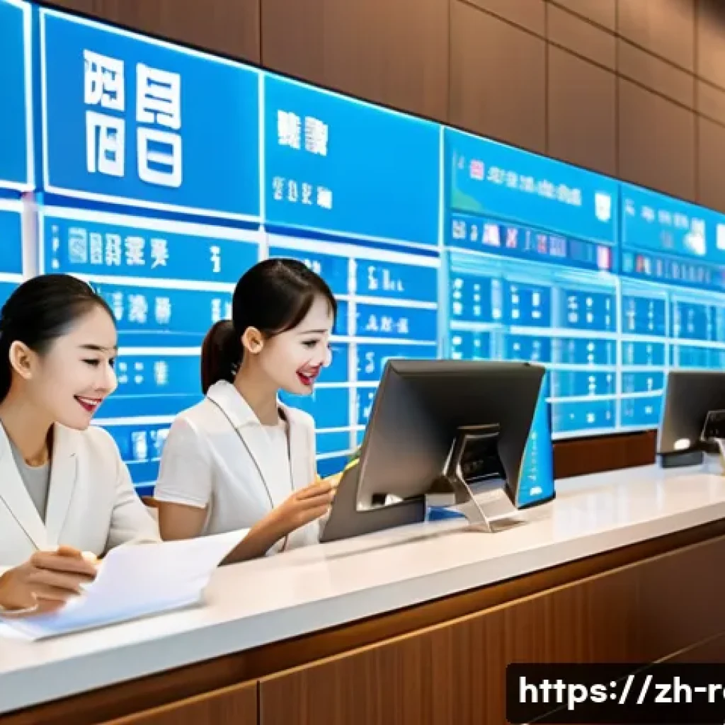 공인중개사 부동산 등기 절차 이해 - A modern real estate registration office scene in China, featuring a diverse group of professional s...