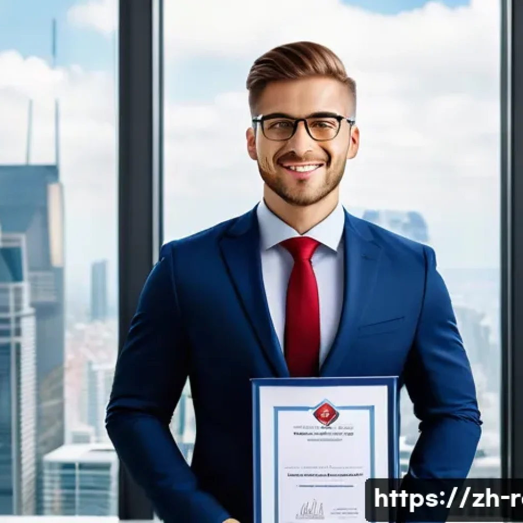 공인중개사 자격증의 취업 시장 평가 - A confident young professional in business attire holding a recognized real estate intermediary qual...