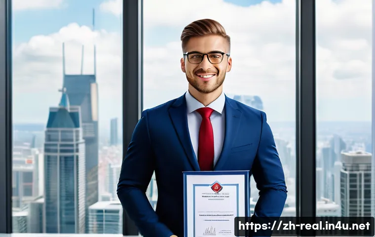공인중개사 자격증의 취업 시장 평가 - A confident young professional in business attire holding a recognized real estate intermediary qual...