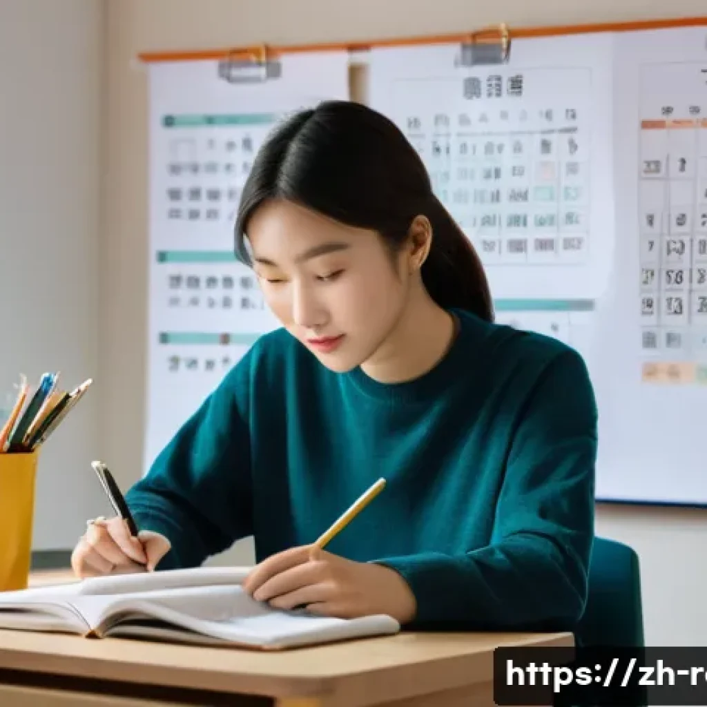 공인중개사 시험 1차와 2차 전략 - A modern study room scene featuring a young Chinese adult diligently following a structured study sc...