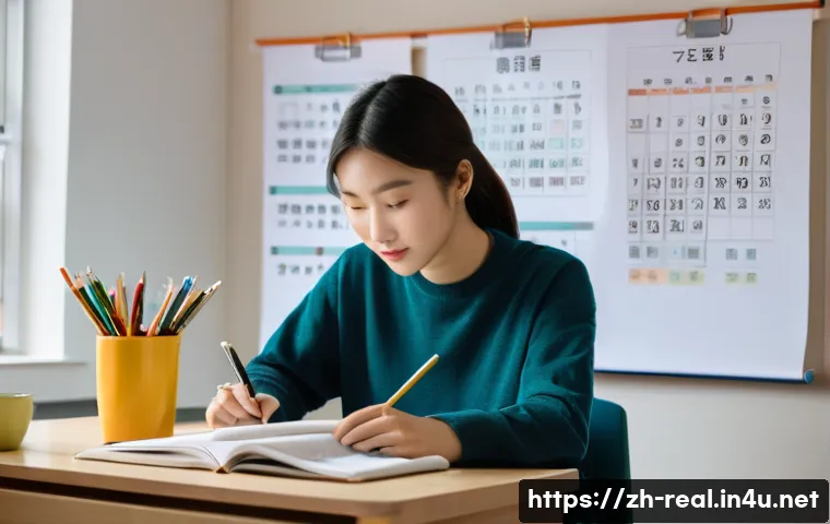공인중개사 시험 1차와 2차 전략 - A modern study room scene featuring a young Chinese adult diligently following a structured study sc...