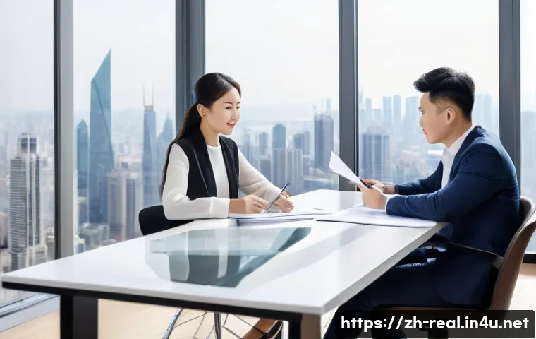 공인중개사 부동산 계약 실패 사례 분석 - A modern real estate agent sitting at a sleek desk in a bright office, reviewing detailed contracts ...