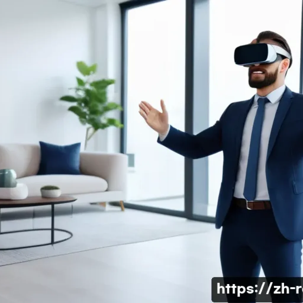 공인중개사와 부동산 관련 최신 트렌드 분석 - A modern real estate agent conducting a virtual house tour using VR headset and smartphone, showcasi...
