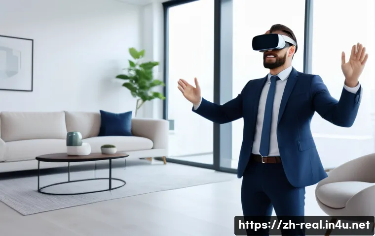 공인중개사와 부동산 관련 최신 트렌드 분석 - A modern real estate agent conducting a virtual house tour using VR headset and smartphone, showcasi...