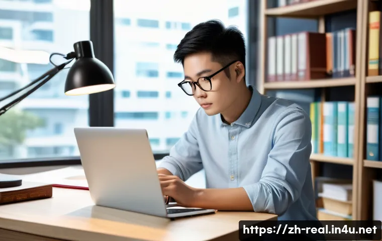공인중개사 시험 대비 독창적 학습 전략 - A modern study desk scene featuring a young adult Chinese student sitting comfortably in casual clot...