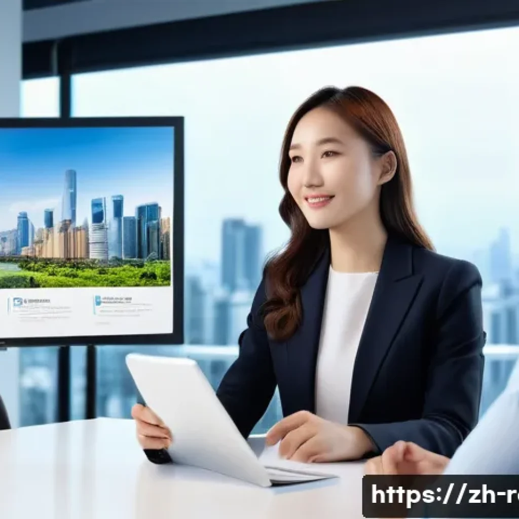 공인중개사 초보자 가이드 - A modern real estate office scene showing a professional Chinese agent in smart business attire, att...
