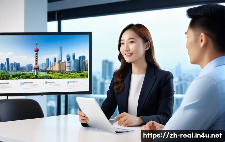 공인중개사 초보자 가이드 - A modern real estate office scene showing a professional Chinese agent in smart business attire, att...
