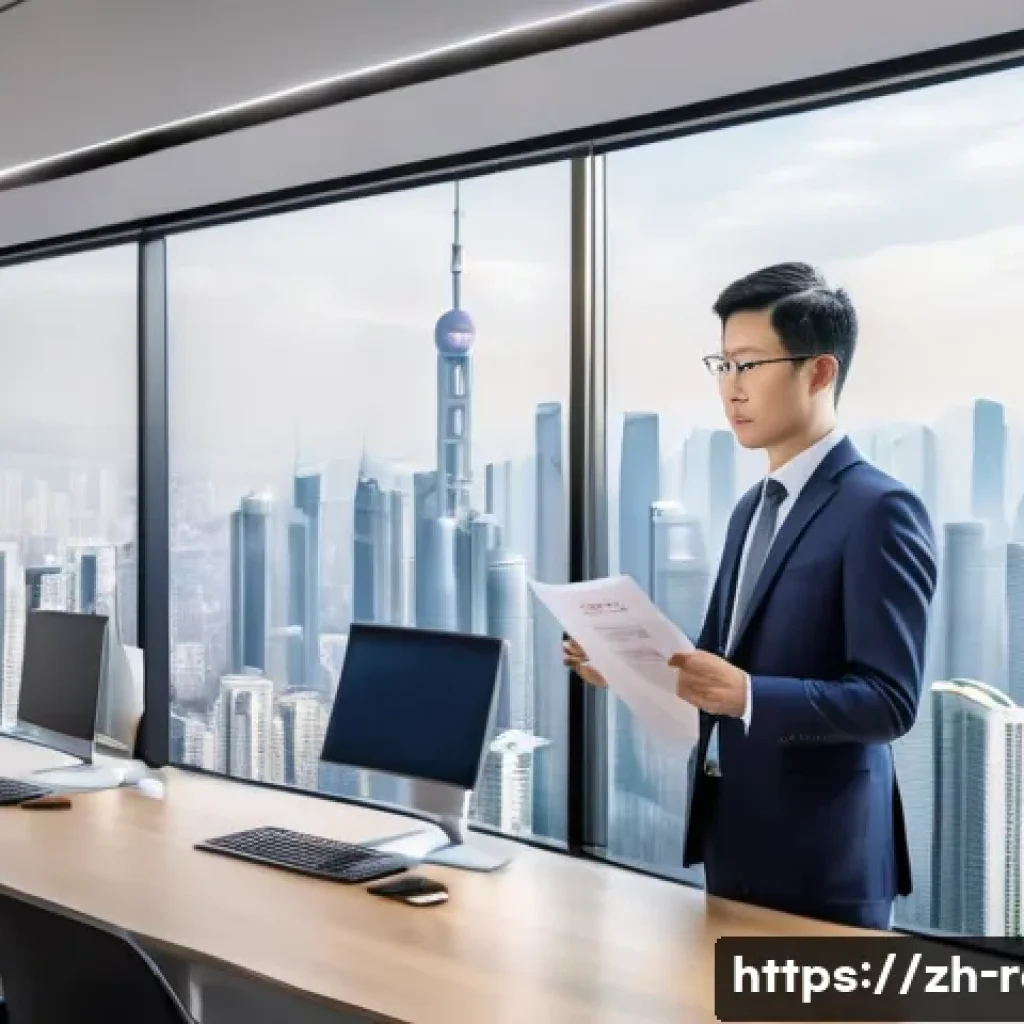 공인중개사 자격증과 지역 부동산 정책 연구 - A professional real estate agent in a modern Chinese city office, wearing formal business attire and...