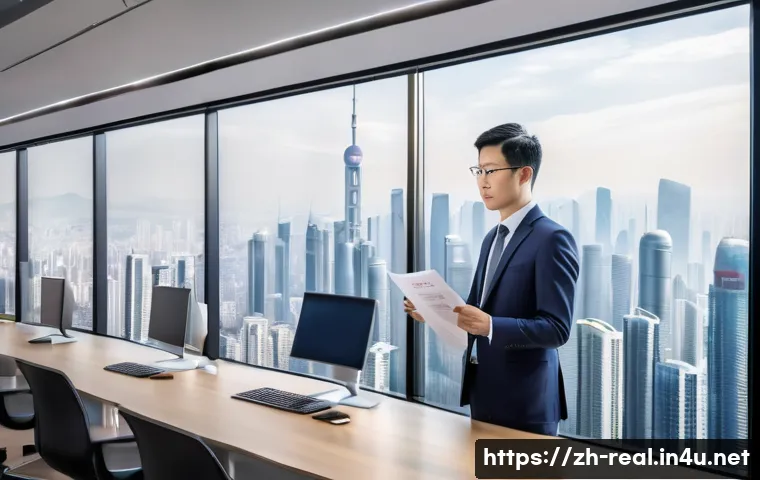 공인중개사 자격증과 지역 부동산 정책 연구 - A professional real estate agent in a modern Chinese city office, wearing formal business attire and...