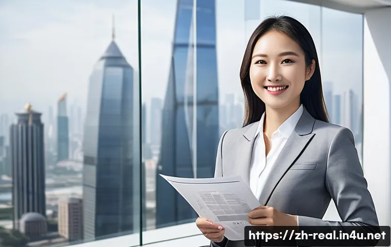 공인중개사 자격증 장단점 분석 - A confident Chinese real estate agent in modern business attire standing in a sleek, high-rise offic...