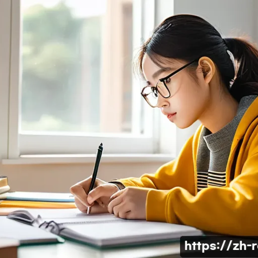 공인중개사 시험 준비 단계별 전략 - A focused young Chinese student sitting at a tidy study desk in a modern, bright room, surrounded by...