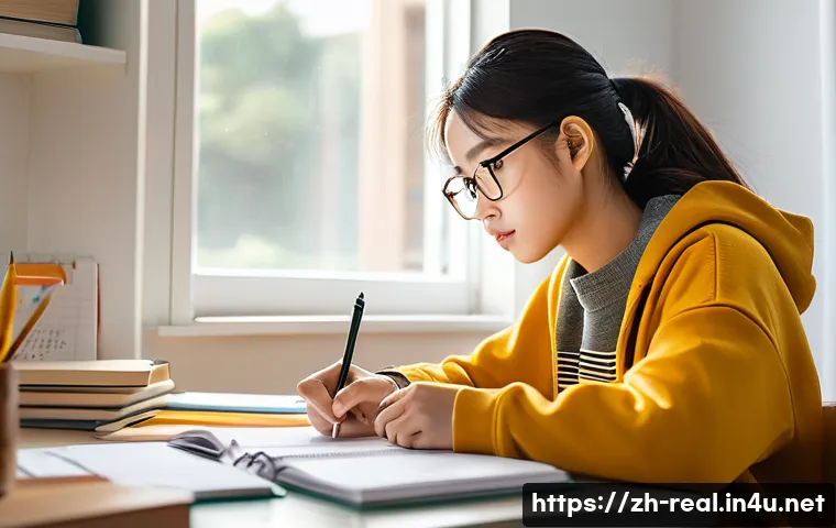 공인중개사 시험 준비 단계별 전략 - A focused young Chinese student sitting at a tidy study desk in a modern, bright room, surrounded by...