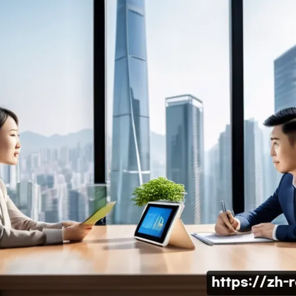 공인중개사 직무 역량 강화 방법 - A professional Chinese real estate agent in a modern office environment, attentively listening to a ...
