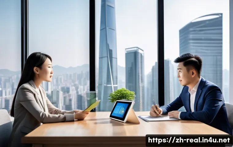 공인중개사 직무 역량 강화 방법 - A professional Chinese real estate agent in a modern office environment, attentively listening to a ...