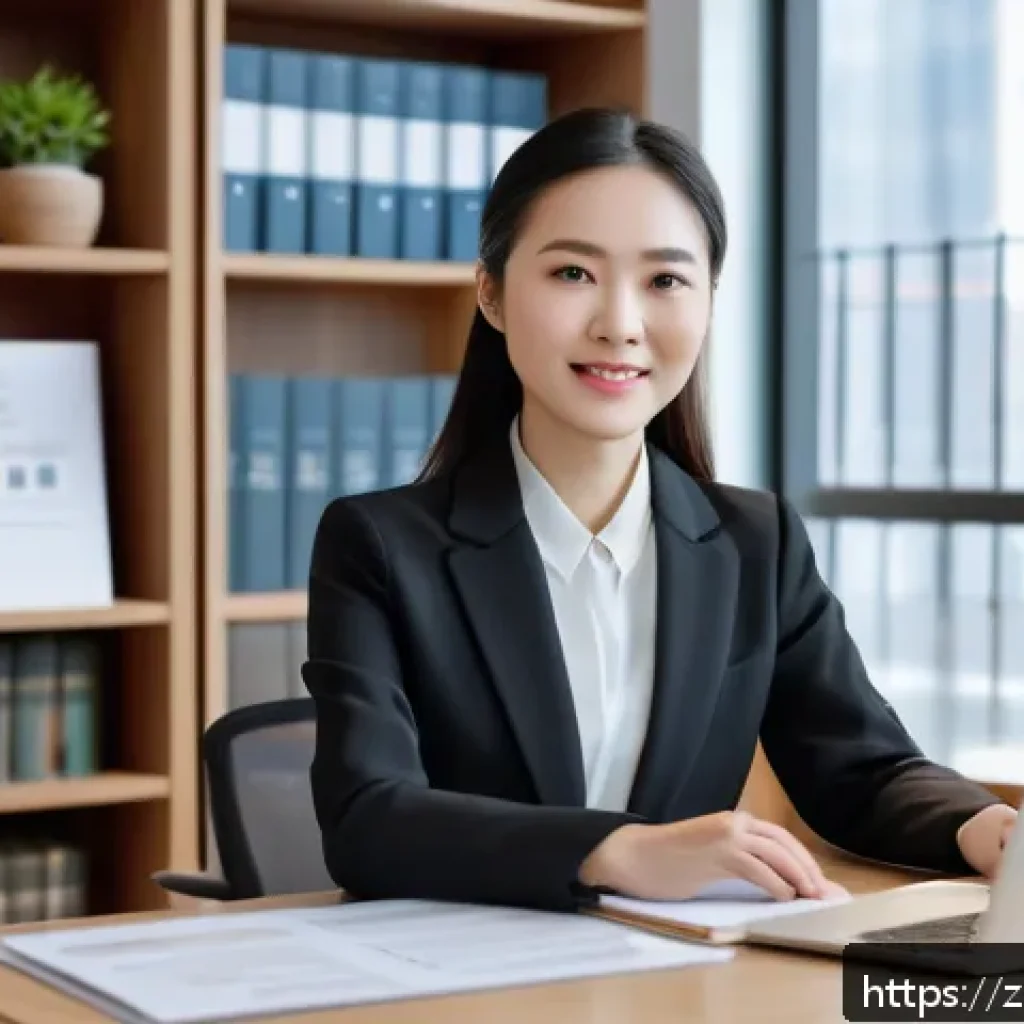 공인중개사 자격증 취득 후 사회적 네트워킹 - A modern professional office scene showing a confident Chinese female notary public in business atti...