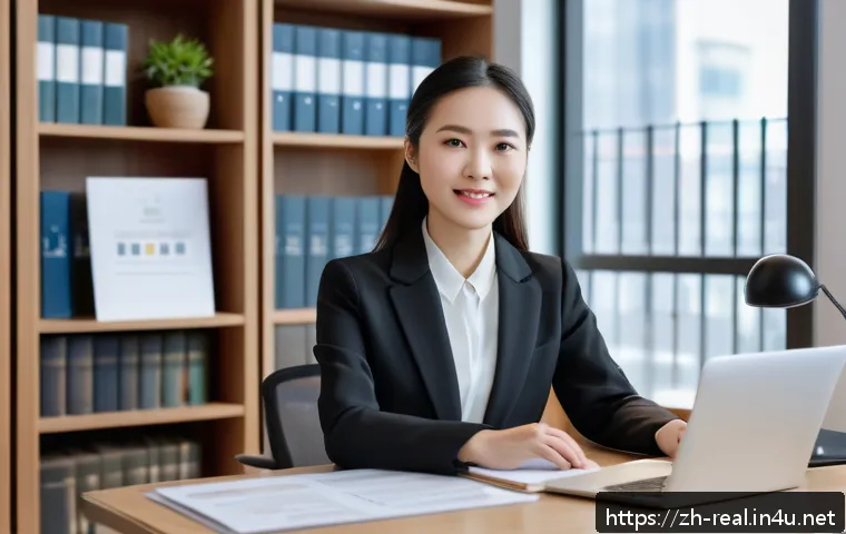 공인중개사 자격증 취득 후 사회적 네트워킹 - A modern professional office scene showing a confident Chinese female notary public in business atti...