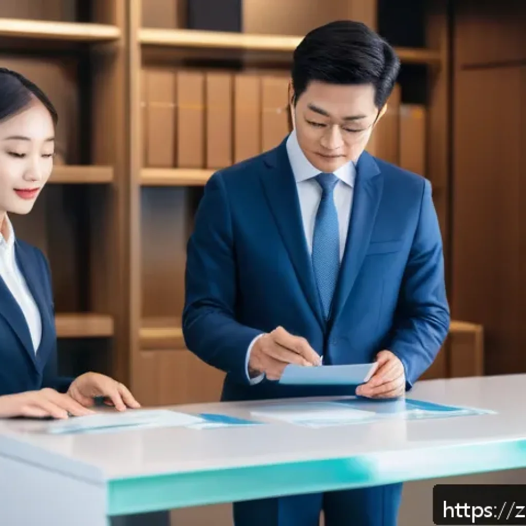 공인중개사 부동산 관련 리스크 관리 - A modern notary office scene focused on identity verification during real estate transactions, showi...