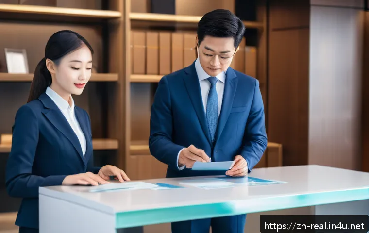 공인중개사 부동산 관련 리스크 관리 - A modern notary office scene focused on identity verification during real estate transactions, showi...