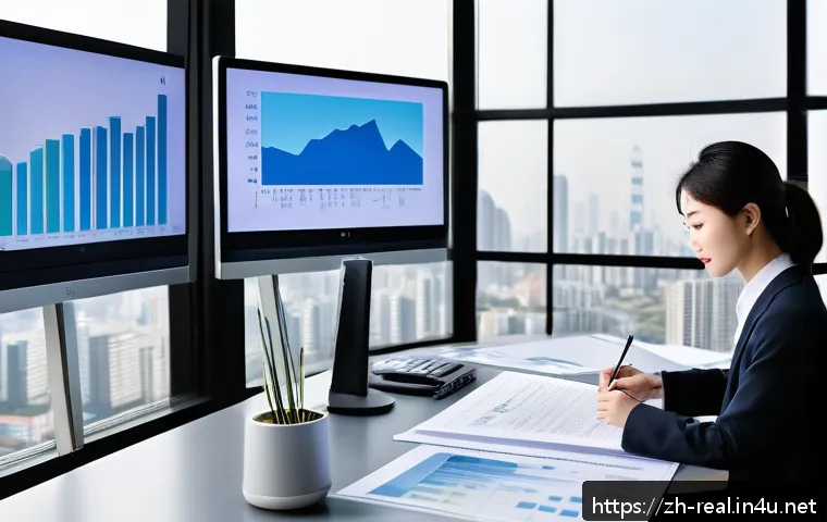 공인중개사 자격증 취득 후 부동산 경매 성공 사례 - A professional Chinese real estate agent in modern business attire carefully examining auction prope...