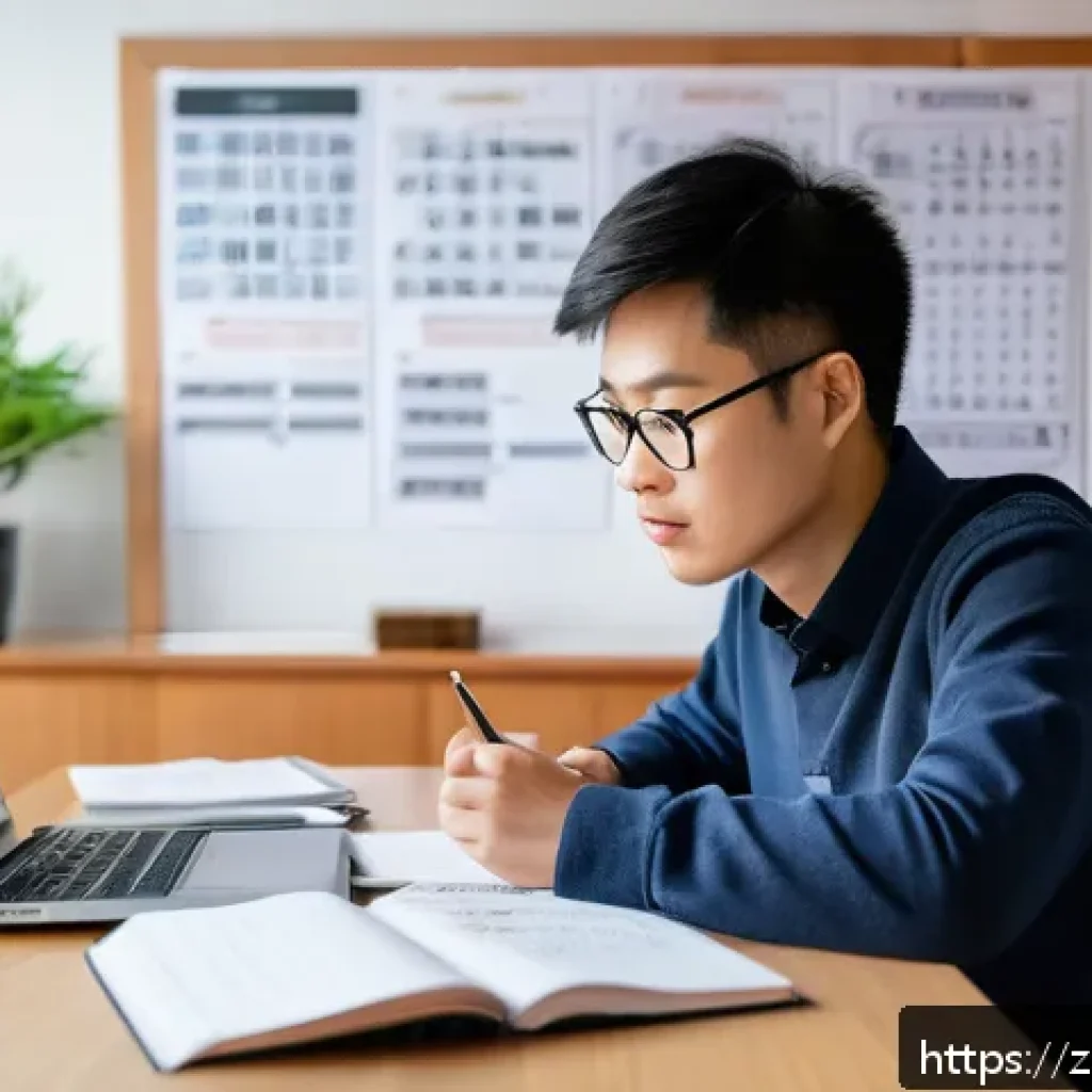 공인중개사 시험 준비의 흔한 실수 - A modern Chinese student studying for a legal certification exam at a tidy desk, surrounded by neatl...