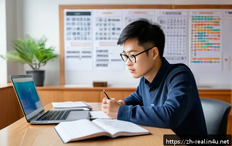 공인중개사 시험 준비의 흔한 실수 - A modern Chinese student studying for a legal certification exam at a tidy desk, surrounded by neatl...