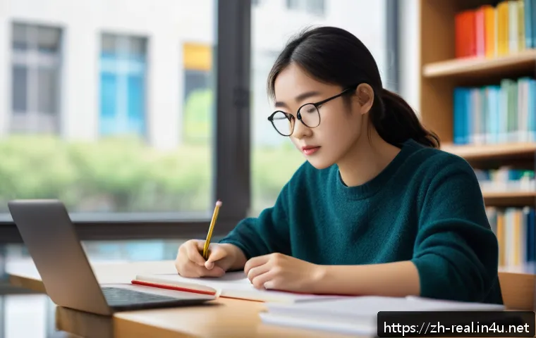공인중개사 시험 대비 학습과 효율적 시간 관리 - A modern, quiet study room in a bright library setting, with a young adult student wearing casual cl...