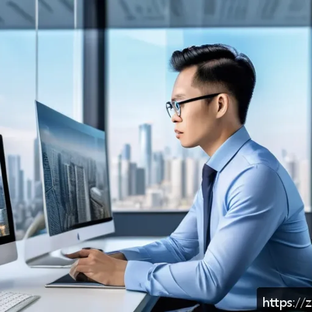 공인중개사 자격증 활용 사례 연구 - A modern real estate consultant in a sleek office environment, analyzing digital property data on mu...