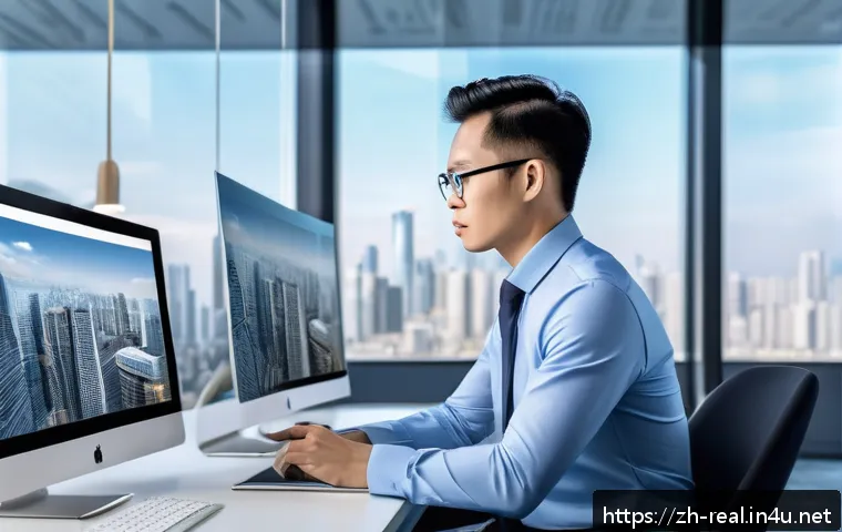 공인중개사 자격증 활용 사례 연구 - A modern real estate consultant in a sleek office environment, analyzing digital property data on mu...