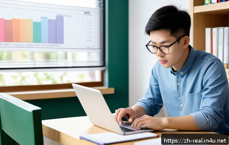 공인중개사 시험 준비와 관련된 자료 분석 방법 - A modern study room scene showing a young adult Chinese student attentively reviewing real estate ex...