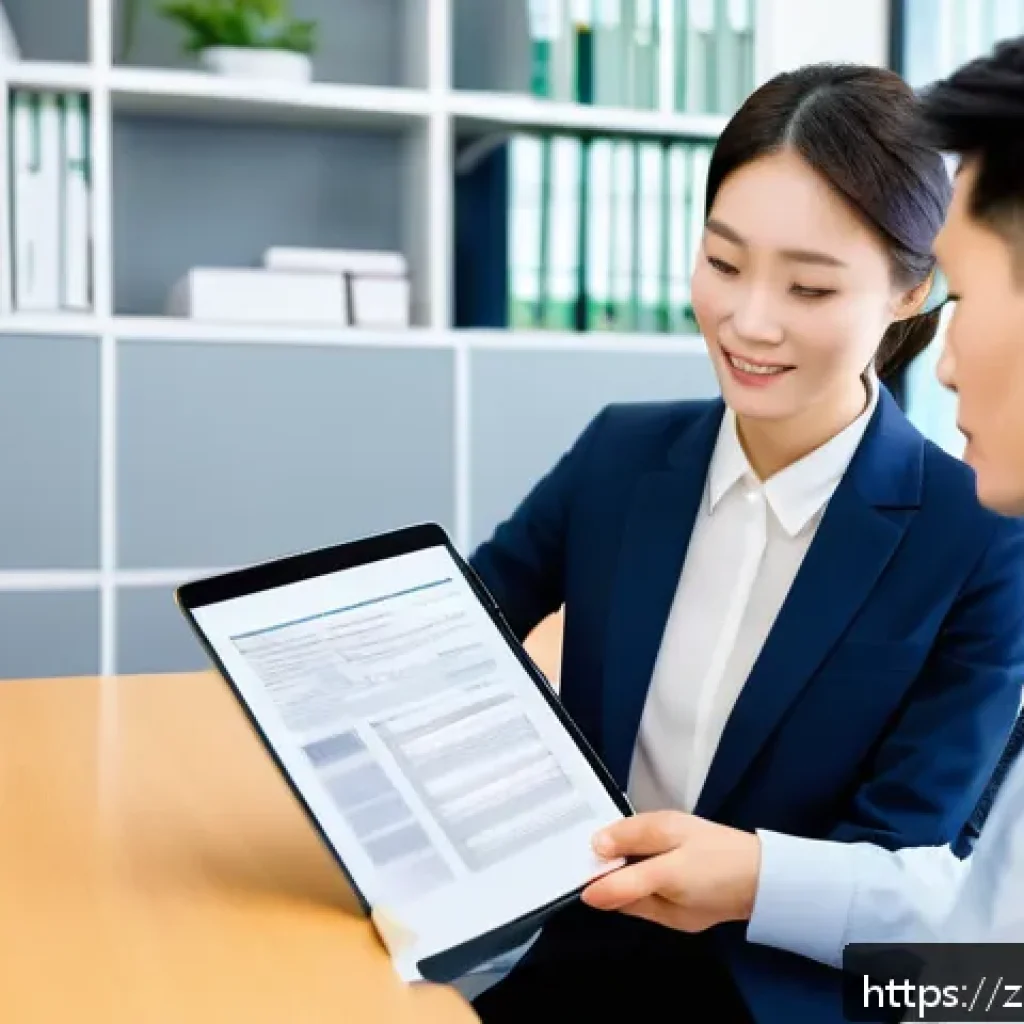공인중개사 부동산 계약 기술 공유 - A modern office scene showing a professional real estate agent carefully reviewing a detailed contra...